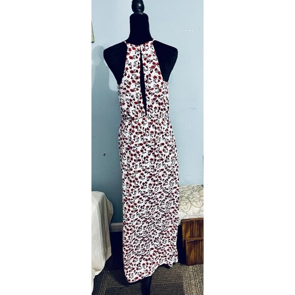 H&M Floral Dress SzS Red White High Waist Vacation Maxi Dress Side Slit Ditsy - Picture 3 of 10